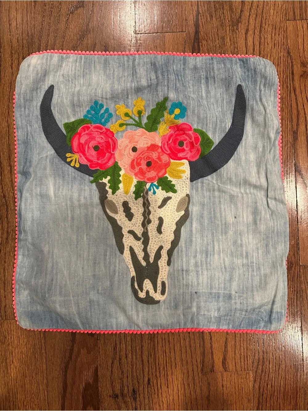 Set of 2 Embroidered Floral Skull Accent Pillow Covers in Blue with Pink Trim